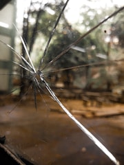 A cracked glass surface with radiating fractures, set against a blurred outdoor background displaying trees and possibly a path. The image conveys a sense of disrepair or destruction.