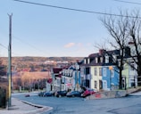 A quiet street lined with colorful historic row houses, featuring shades of blue, yellow, pink, and red. Leafless trees stand along the sidewalk, and a distant hillside creates a scenic backdrop. Several cars are parked along the street, and the word 'LOVE' is painted on a concrete barrier. Overhead wires stretch across the sky, which is a clear blue with a few clouds.