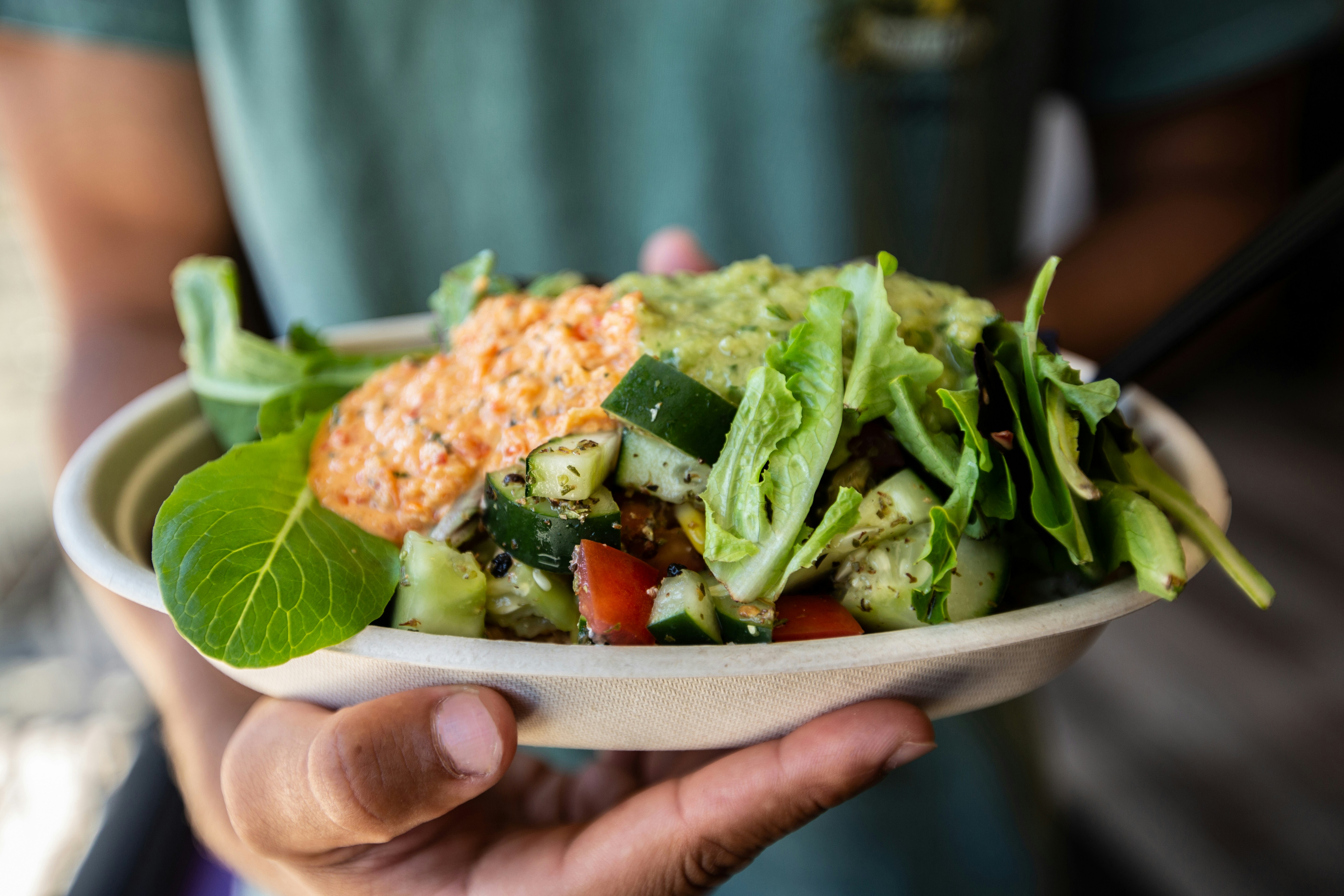 a person holding a bowl of salad with lettuce and tomatoes, Fresh salad