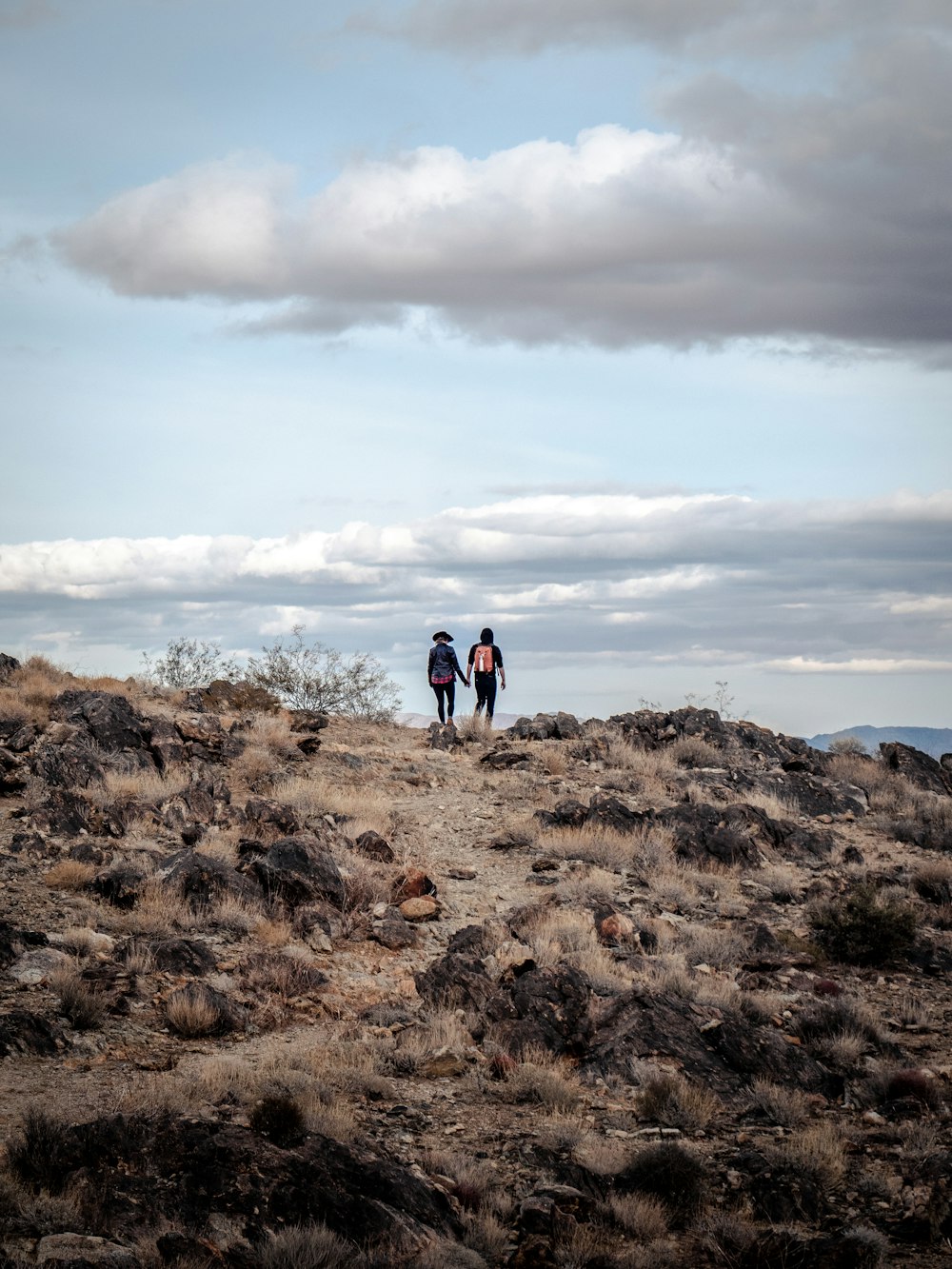 two people walking up a hill on a cloudy day