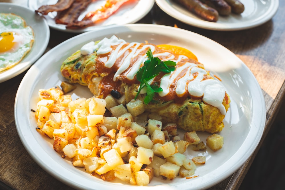 a plate of food with eggs, potatoes, and sausage