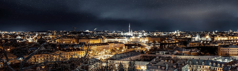 a view of a city at night from above