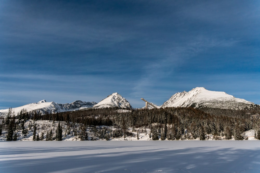 a snow covered field with mountains in the background