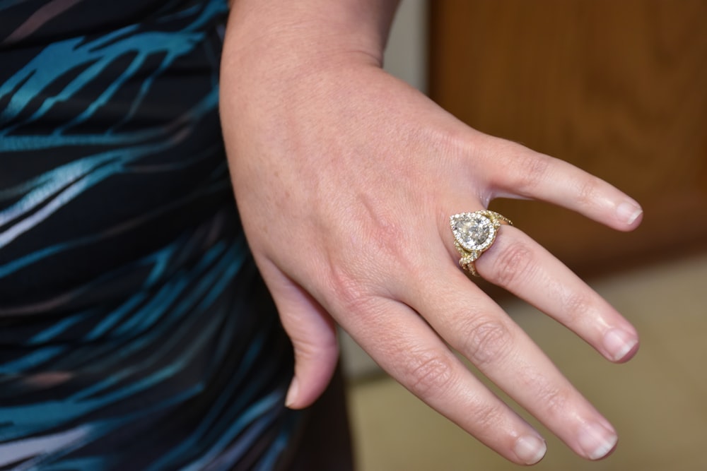 a close up of a person's hand with a ring on it