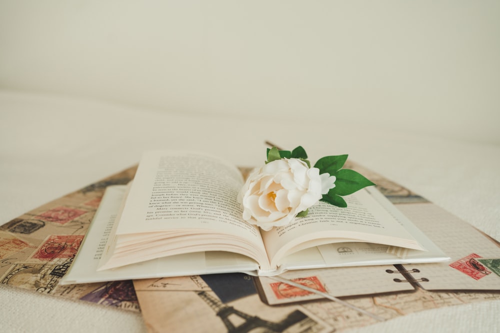 an open book with a flower on top of it