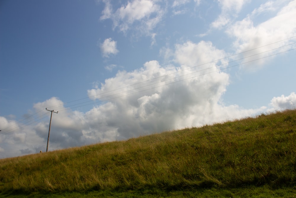 a grassy hill with power lines in the distance