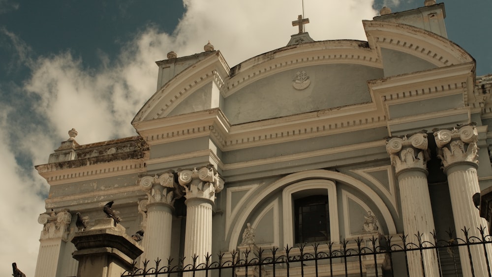 a church with a clock on the front of it