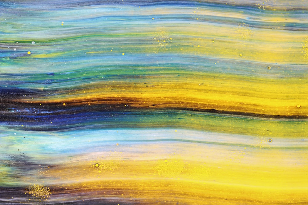 a painting of yellow, blue, and green waves