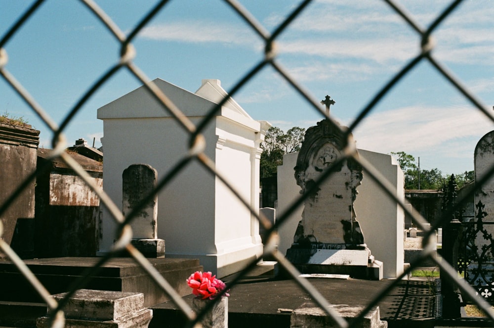 a red fire hydrant sitting in front of a cemetery