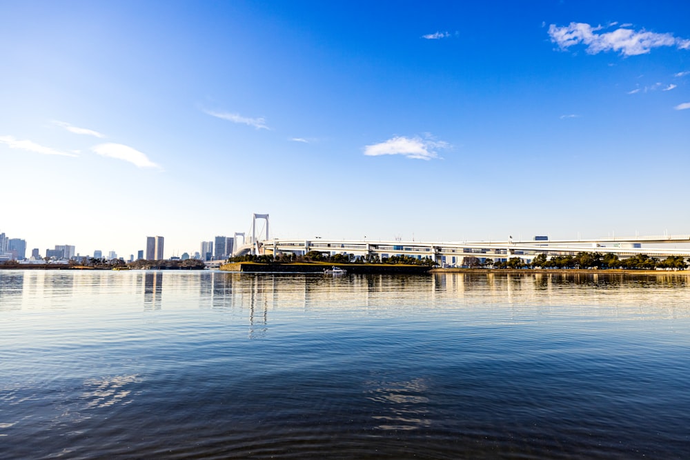 a bridge over a body of water with a city in the background