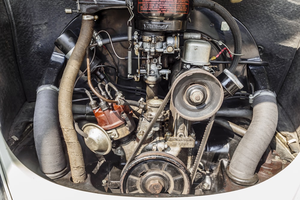 a close up of a car's engine and its components