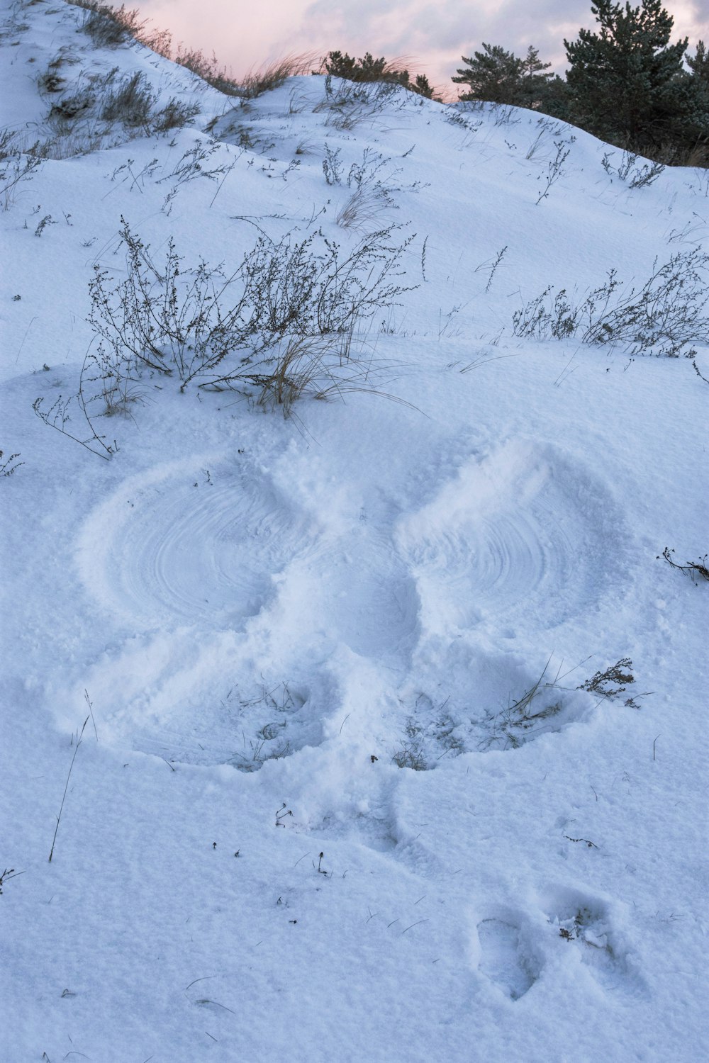 a snow covered hill with tracks in the snow