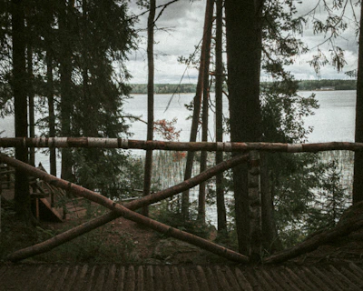 A rustic viewpoint fence overlooking a serene lake at sunset.