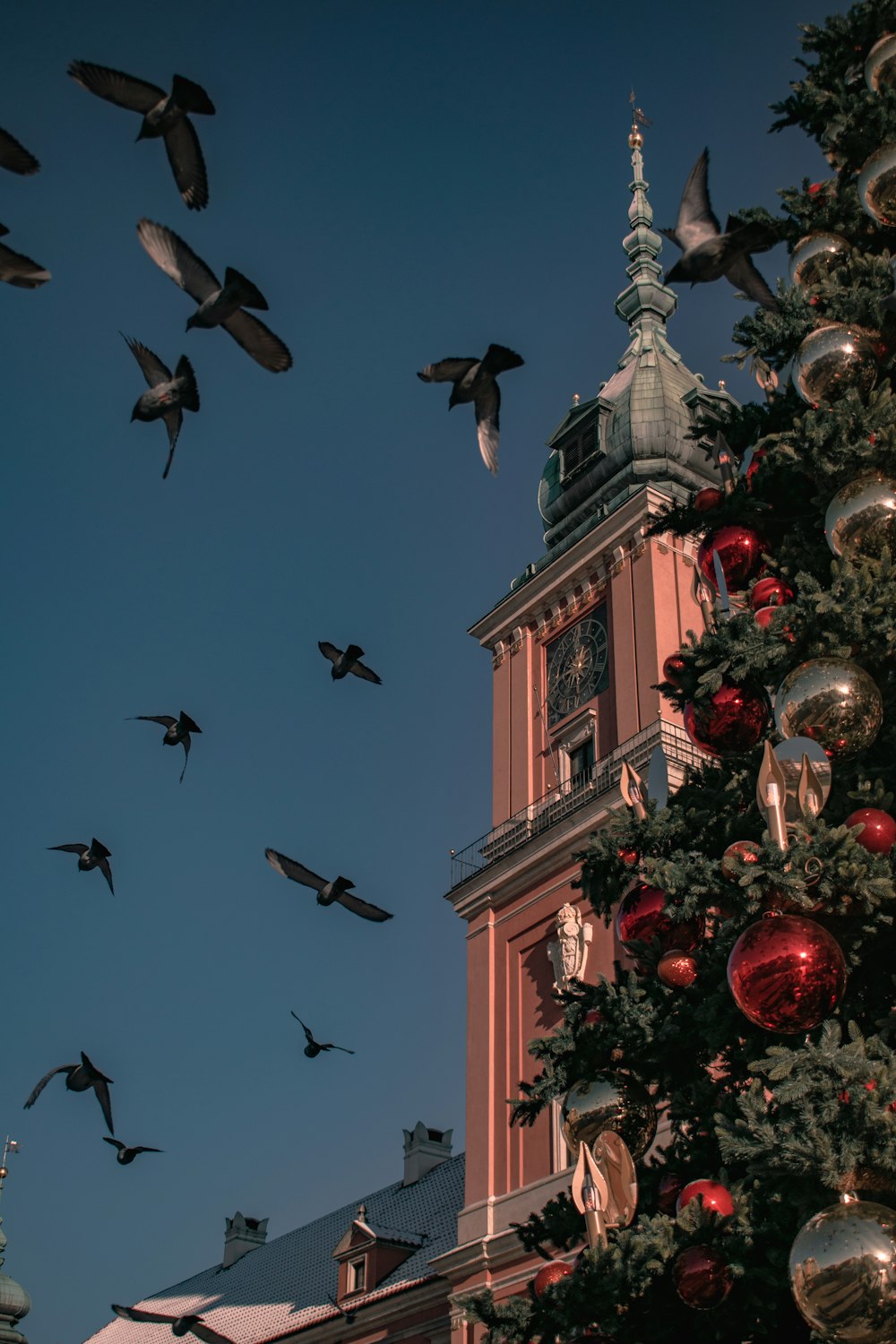a flock of birds flying over a christmas tree