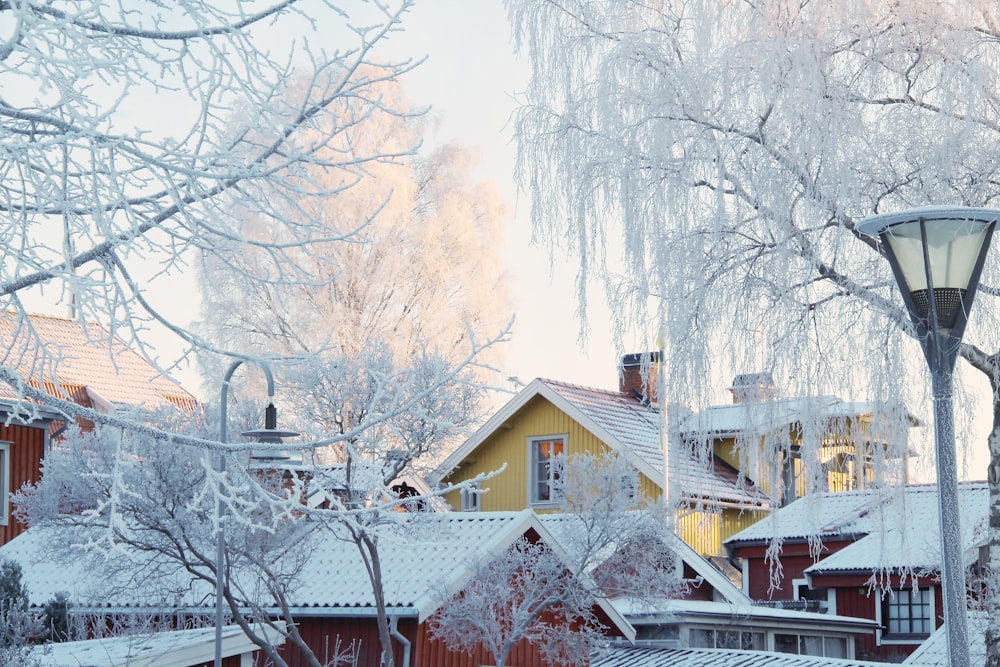 a street light in front of a row of houses covered in snow