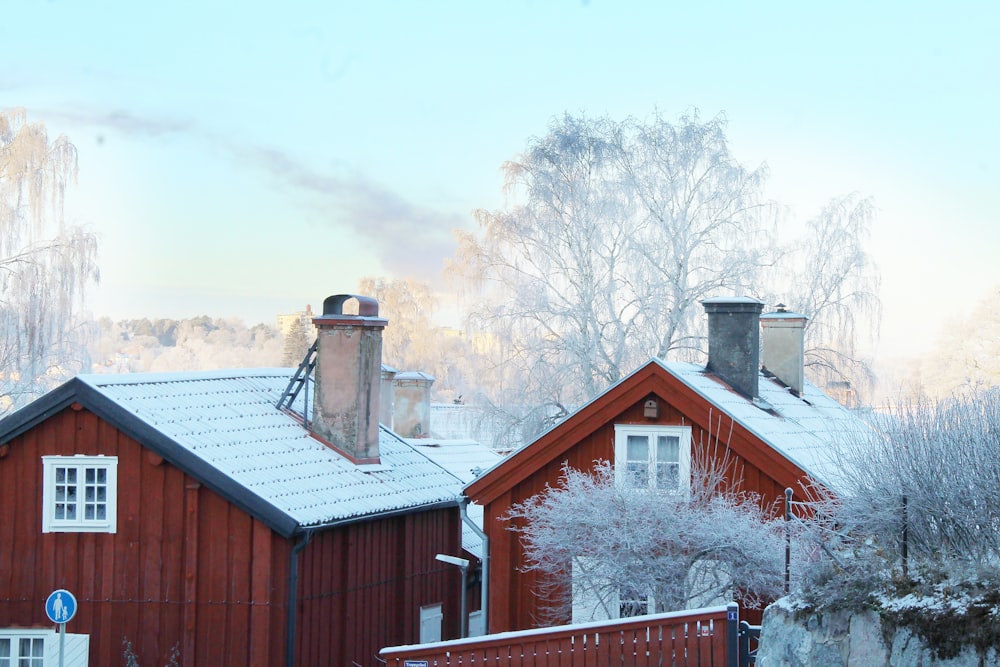 a red house with snow on the roof