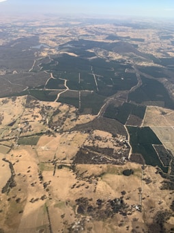 An aerial view of a vast landscape consisting of agricultural fields and dense patches of green forest. The fields appear in various shades of brown, indicating dry or harvested areas, while the forests are a rich, dark green. The landscape is intersected by a network of roads or pathways, providing a grid-like pattern across the fields and forests. The horizon fades into a light blue sky, suggesting a clear day.