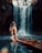 A person in swimwear stands on a bamboo raft in a river, facing a tall, cascading waterfall surrounded by lush vegetation.