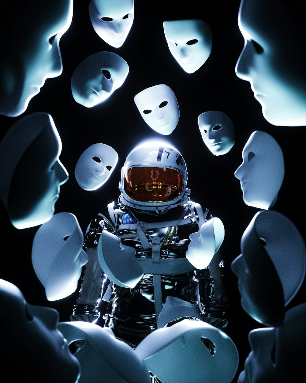 um homem em um traje espacial cercado por máscaras brancas
