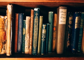 A collection of vintage books with worn spines, various titles, and richly textured covers standing upright on a wooden shelf. The books display a range of colors, including brown, blue, and green, showcasing intricate designs and aged paper.