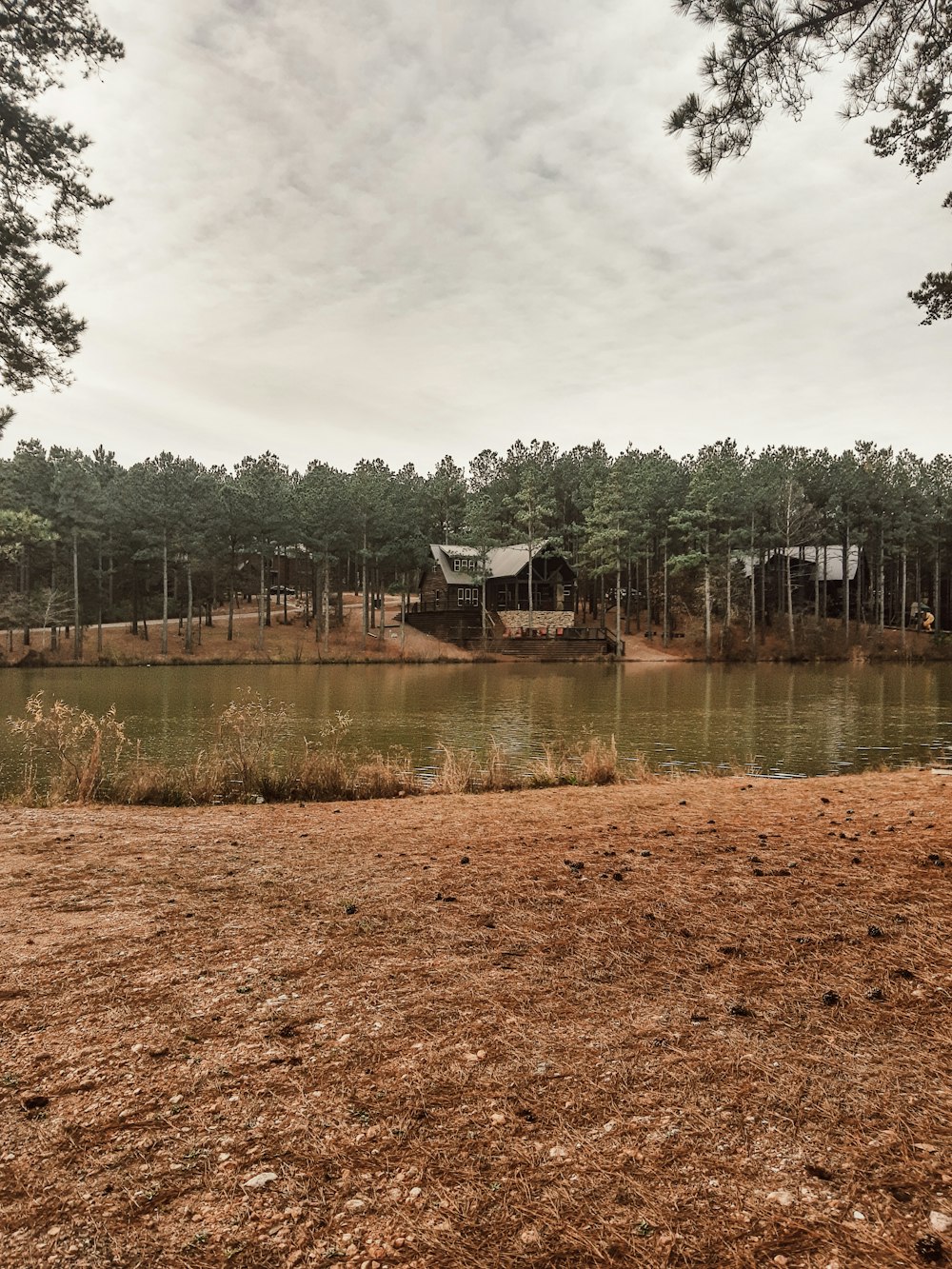 a lake with a house in the background