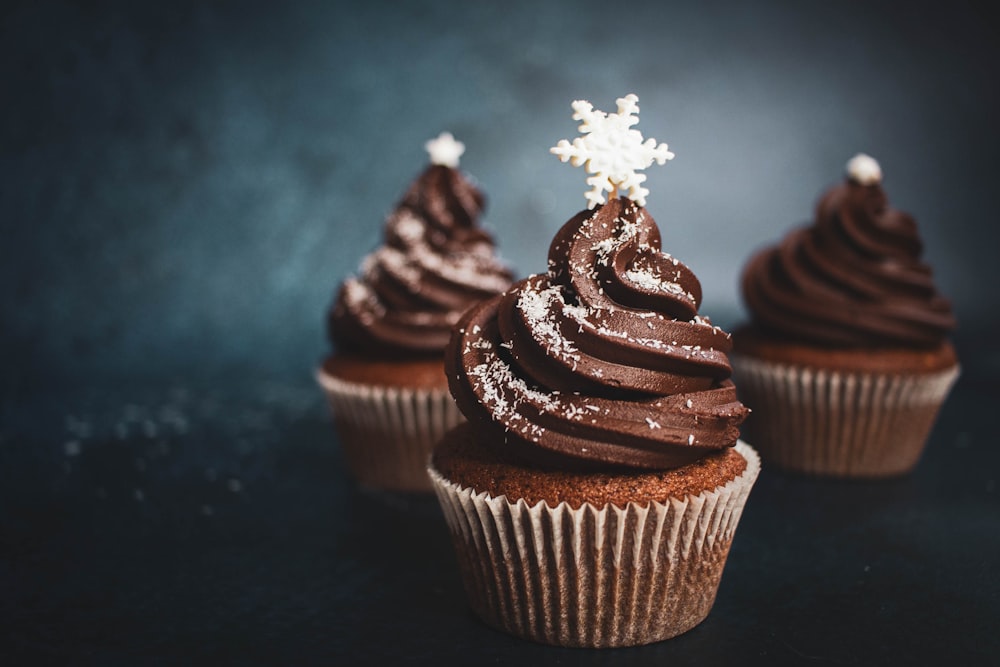 three cupcakes with chocolate frosting and sprinkles