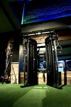 A gym setting featuring a large cable crossover machine with black metal frames against a wall of exposed bricks. The machine is situated on green artificial turf, and a wooden panel with a tree design is propped nearby. Ambient lighting casts blue and green hues onto the wall.