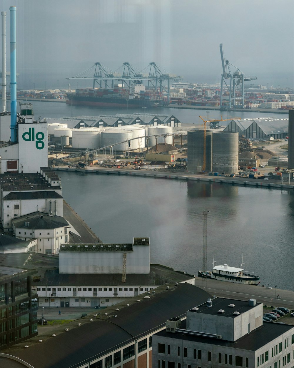 a large body of water surrounded by buildings