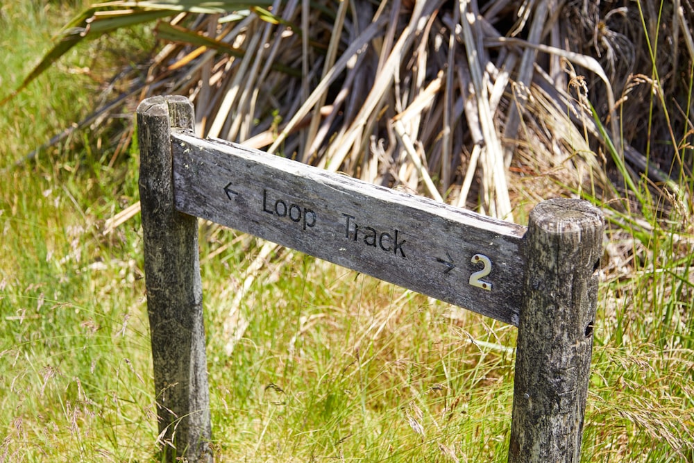 a wooden sign sitting in the grass next to a bush