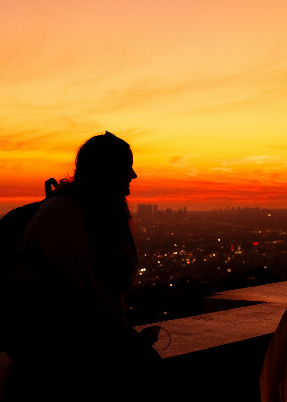 a person sitting on a ledge with a city in the background