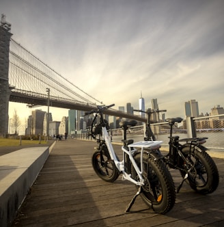 two bikes parked next to each other in front of a bridge