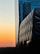 Modern architectural building exterior in Istanbul at sunset.