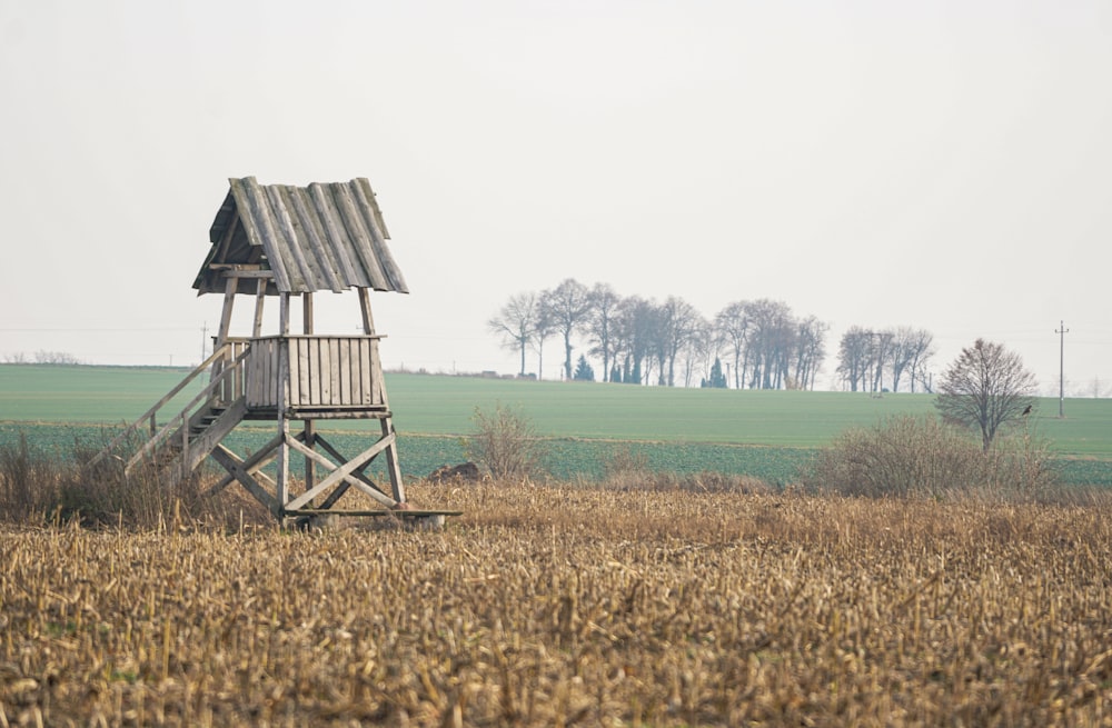 a small wooden structure in a field of grass