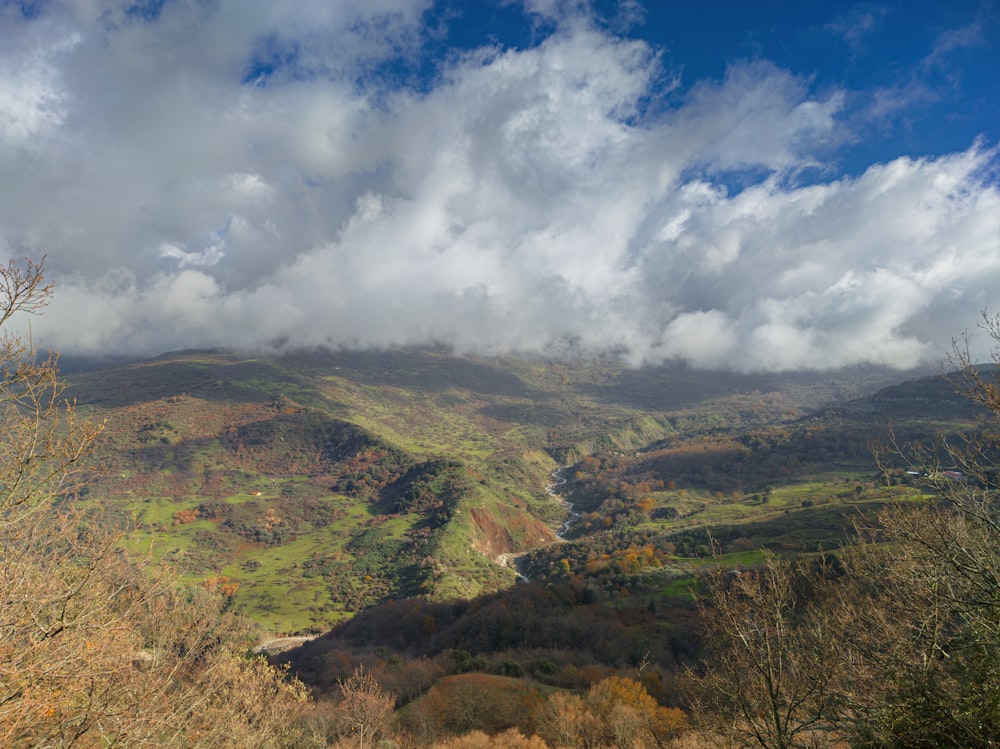 a scenic view of a valley and mountains under a cloudy sky