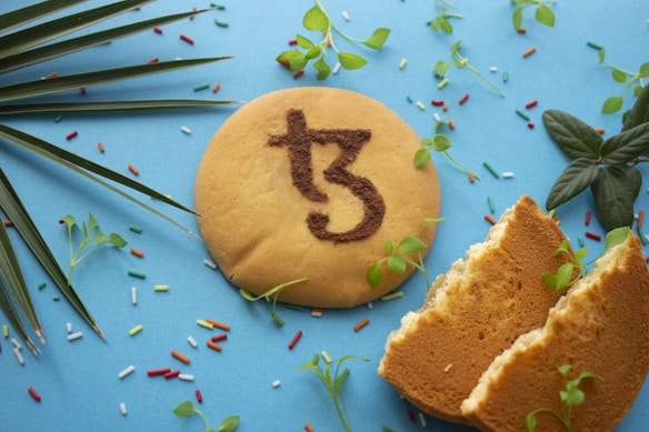 A round biscuit with a symbol resembling 't3' in brown is placed on a blue surface. The biscuit is surrounded by colorful sprinkles, a cut piece of a similar biscuit, and various small green leaves. Palm leaves are partially visible on the left.