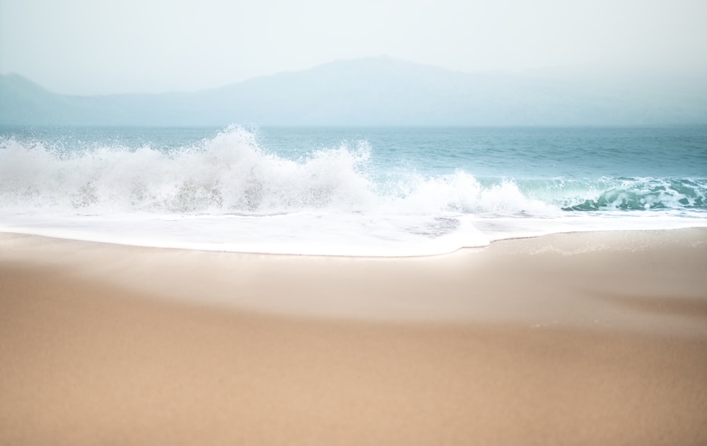 a wave rolls in on a sandy beach