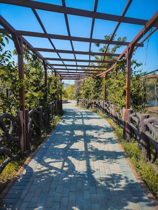 A paved path is shaded by a metal pergola structure with plants and vines growing along its sides. The pathway is surrounded by lush greenery and decorative wooden fences, creating a serene and inviting atmosphere. Sunlight casts intricate shadows on the blue-gray pavers.