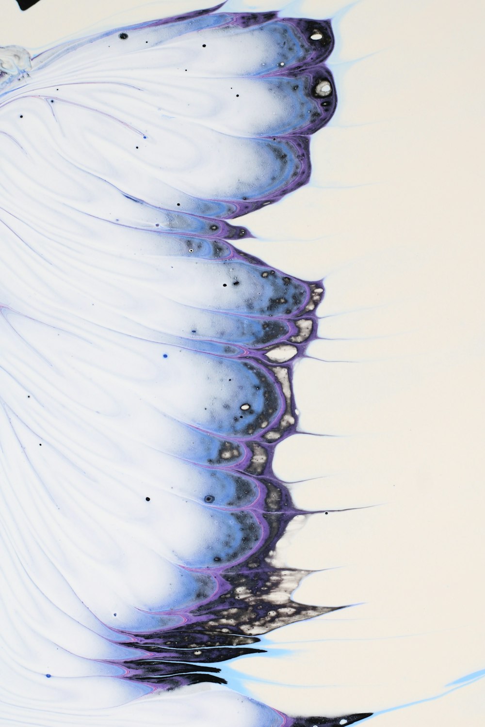 a painting of a white bird with blue feathers