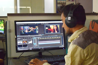 a man sitting in front of a computer with headphones on
