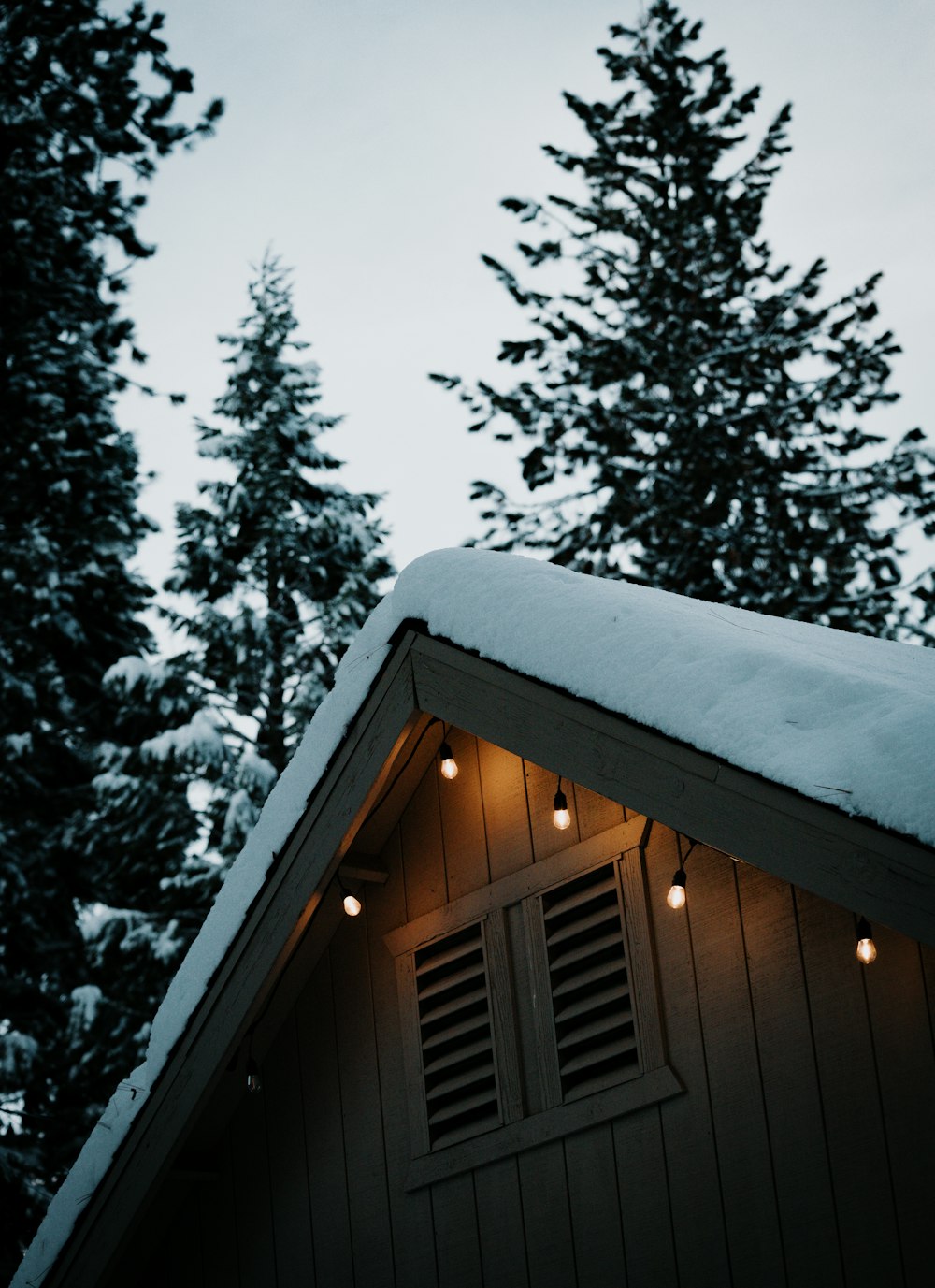 a snow covered roof with lights on it