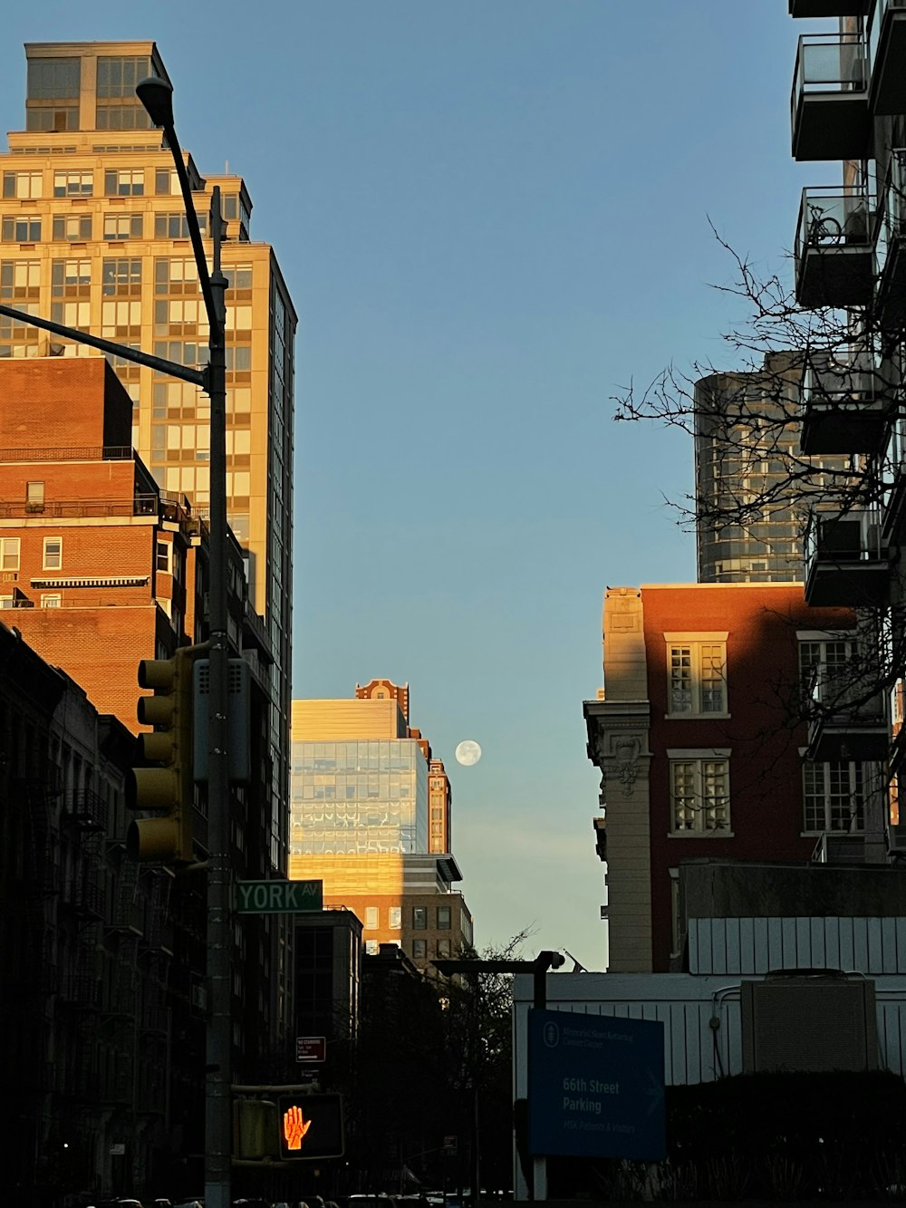 a city street with tall buildings and traffic lights