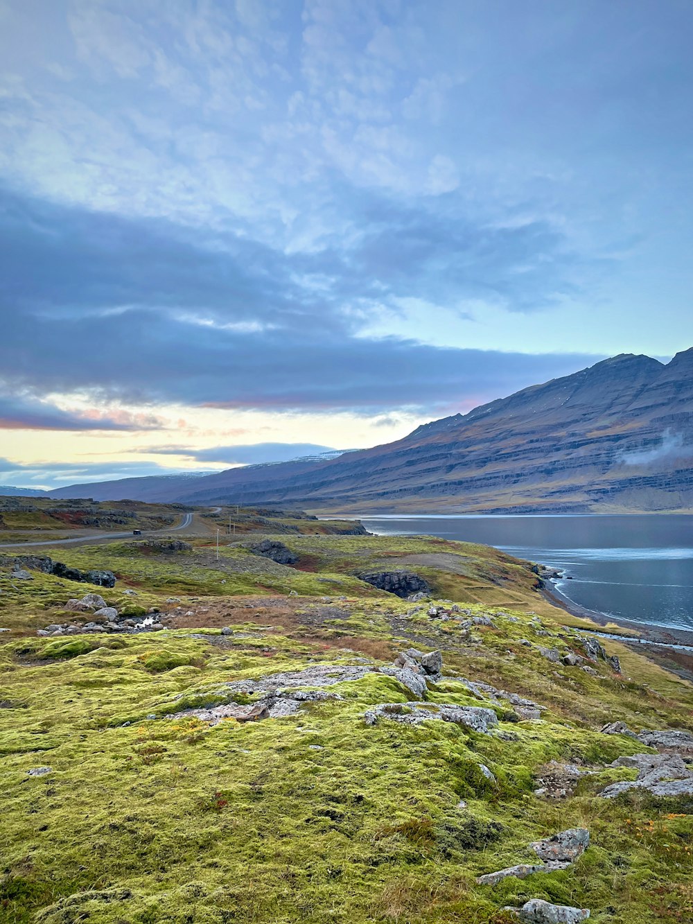 a grassy hill with a body of water in the distance