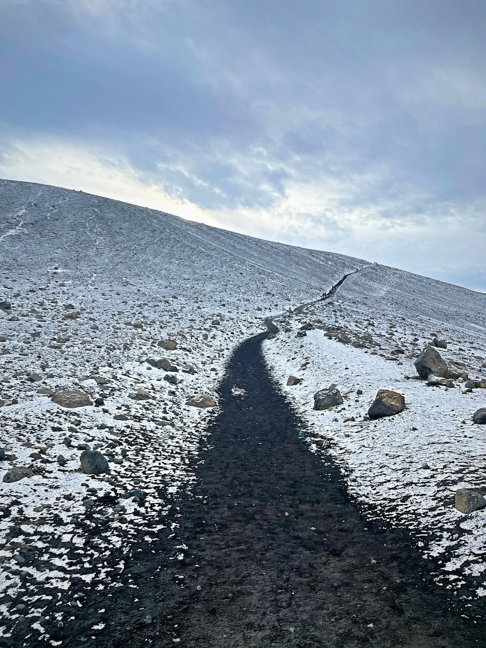 a long road that is in the middle of a snowy field