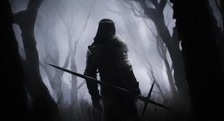 A lone knight standing in a desolate battlefield at dusk.