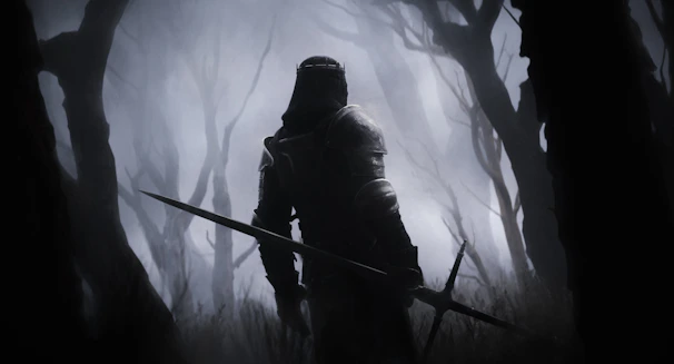 A lone hero standing at the edge of a shadowy forest under a moonlit sky.
