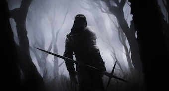 A lone knight in dark, heavy armor stands in a misty, eerie forest gripping a long sword. The atmosphere is somber, with leafless trees surrounding the figure and obscured by thick fog.
