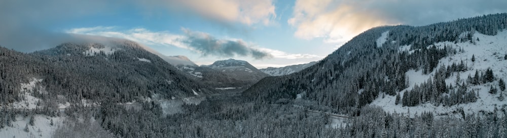 a snow covered mountain with trees and clouds