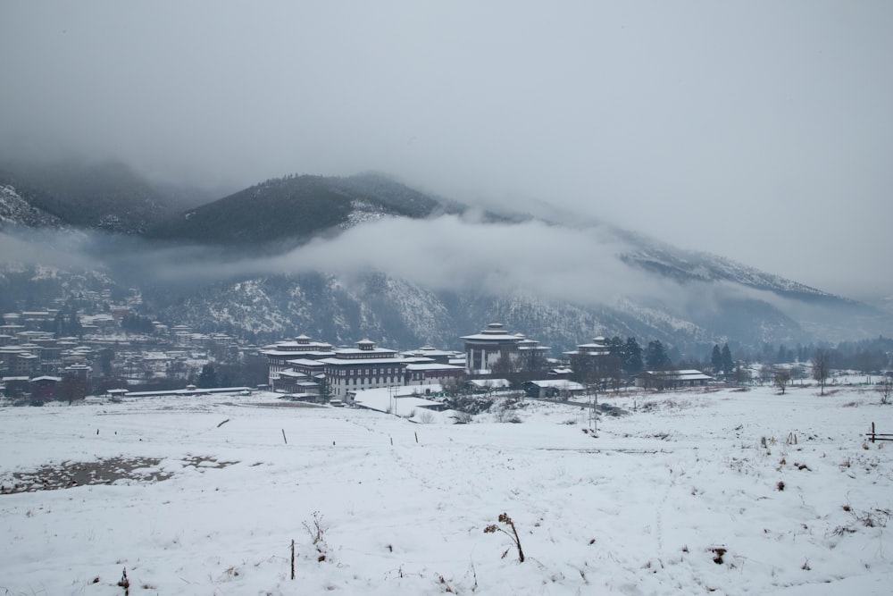 a snow covered field with a mountain in the background