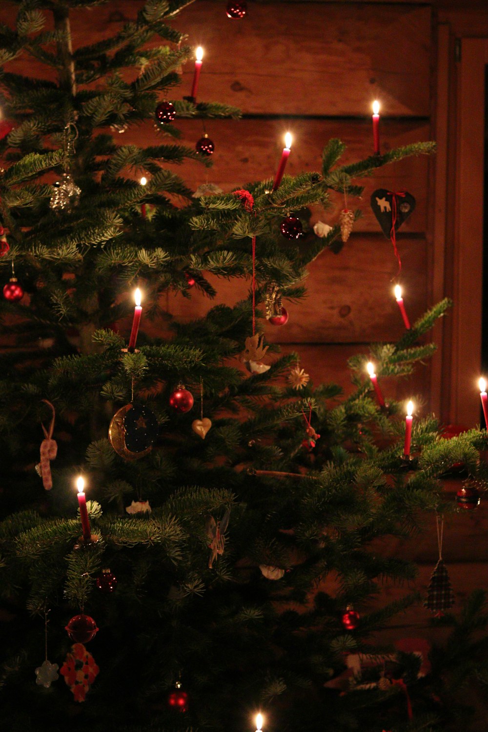 Ein Weihnachtsbaum mit einer brennenden Kerze darin