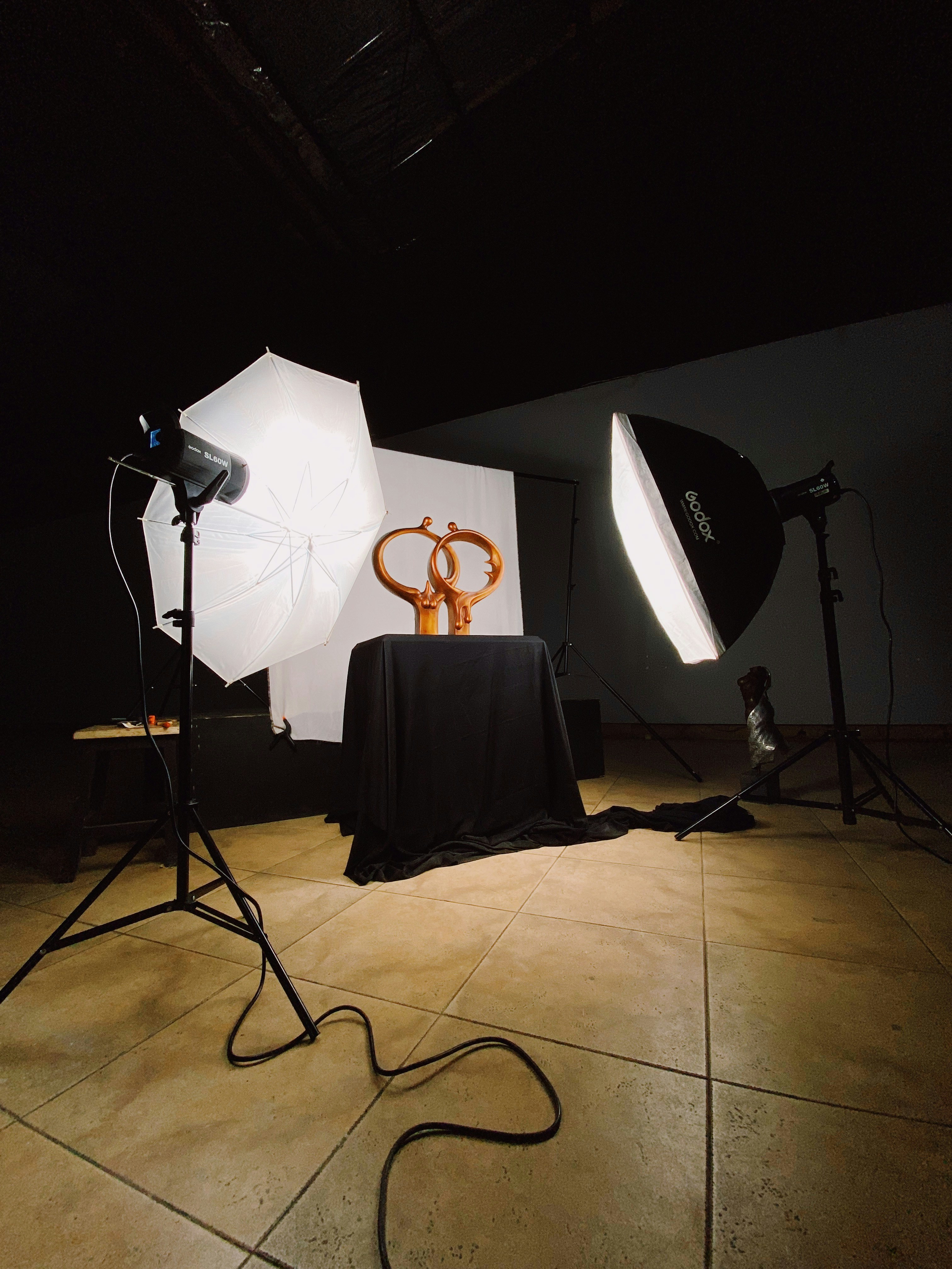 Studio lighting equipment ready for a client shoot